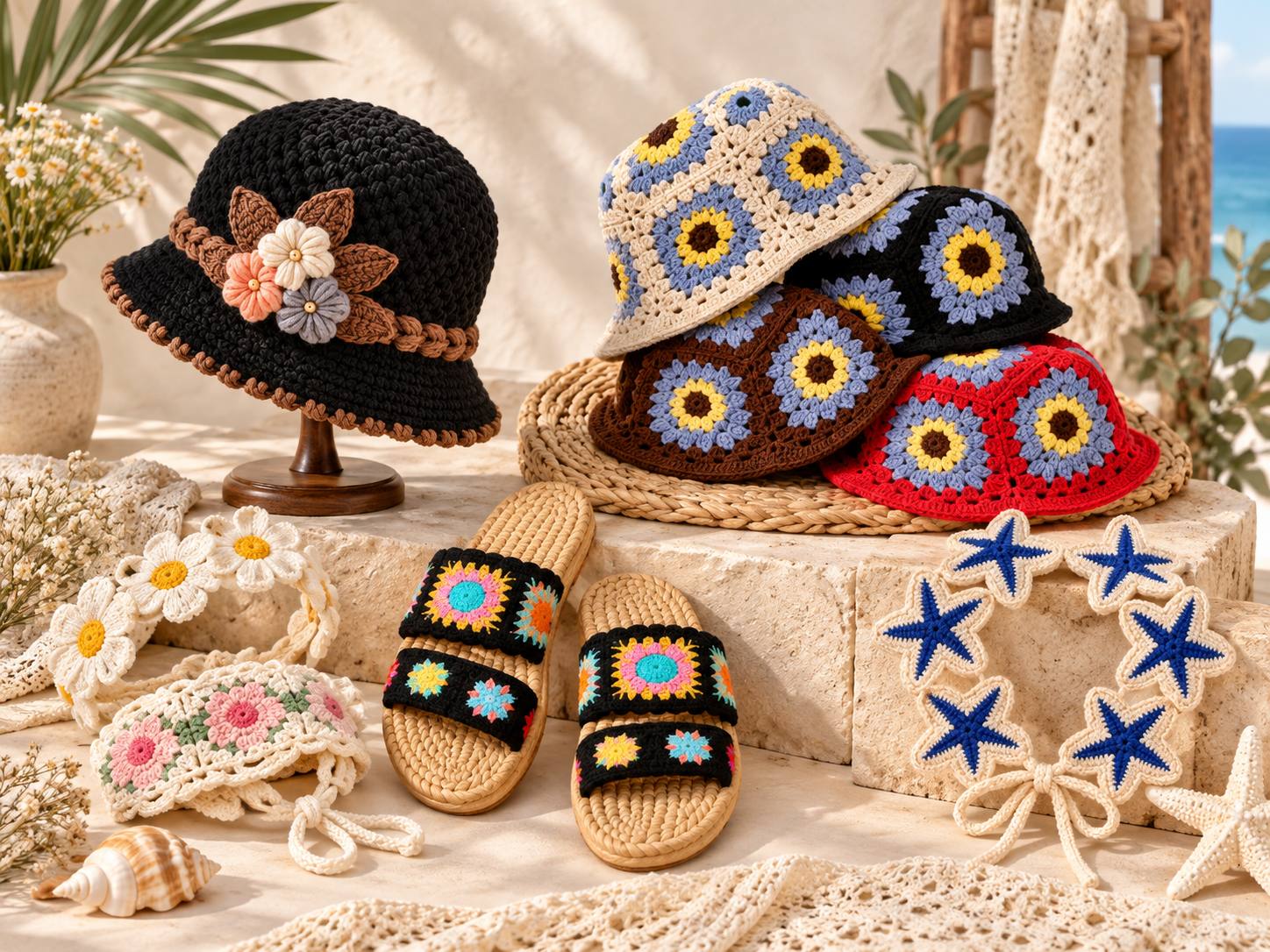Crochet wearables collection with hats, sandals and headbands