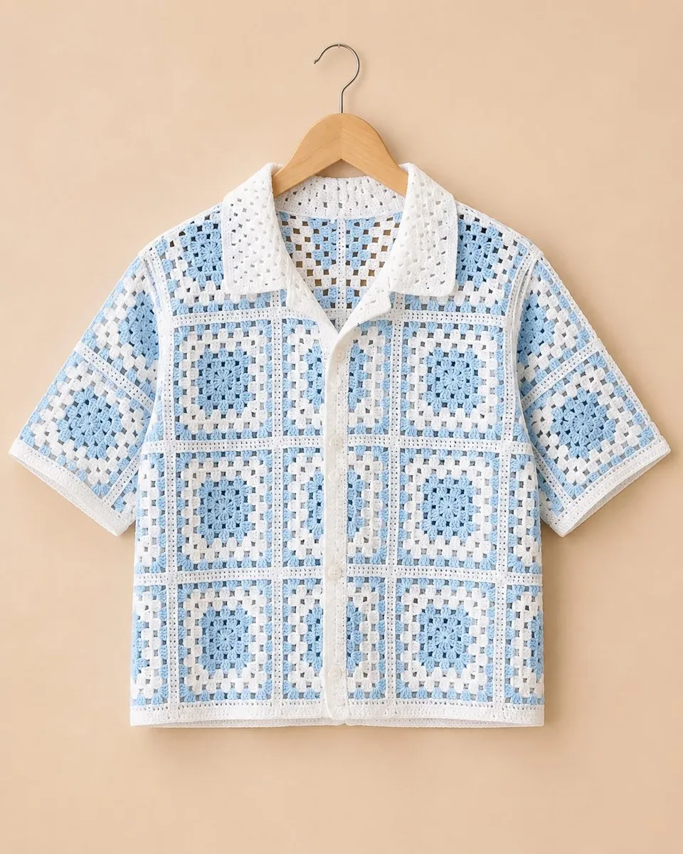 Unisex Coastal Tile crochet button-up
